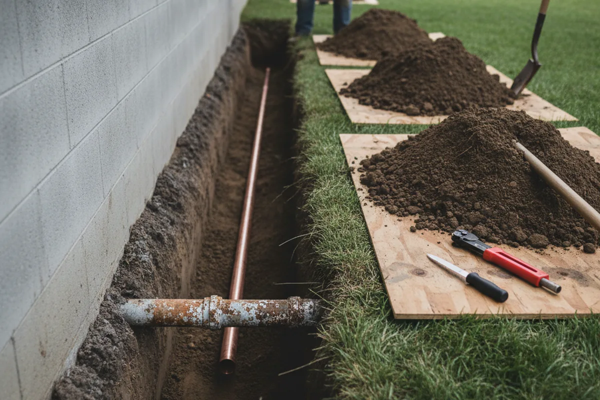 Excavated water line trench during Sewer Line Repair in Jackson